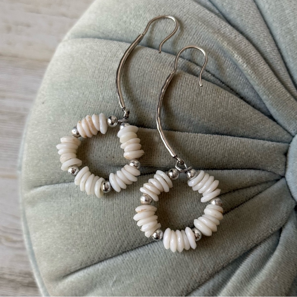 Vintage Creamy White Shell Bead Dangle Sterling Silver Pierced Earrings